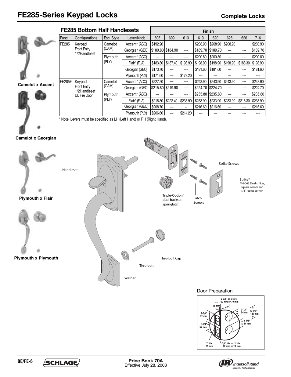 Fe285-series keypad locks, Fe285 bottom half handlesets, Complete locks | Schlage Price Book 70A User Manual | Page 23 / 108