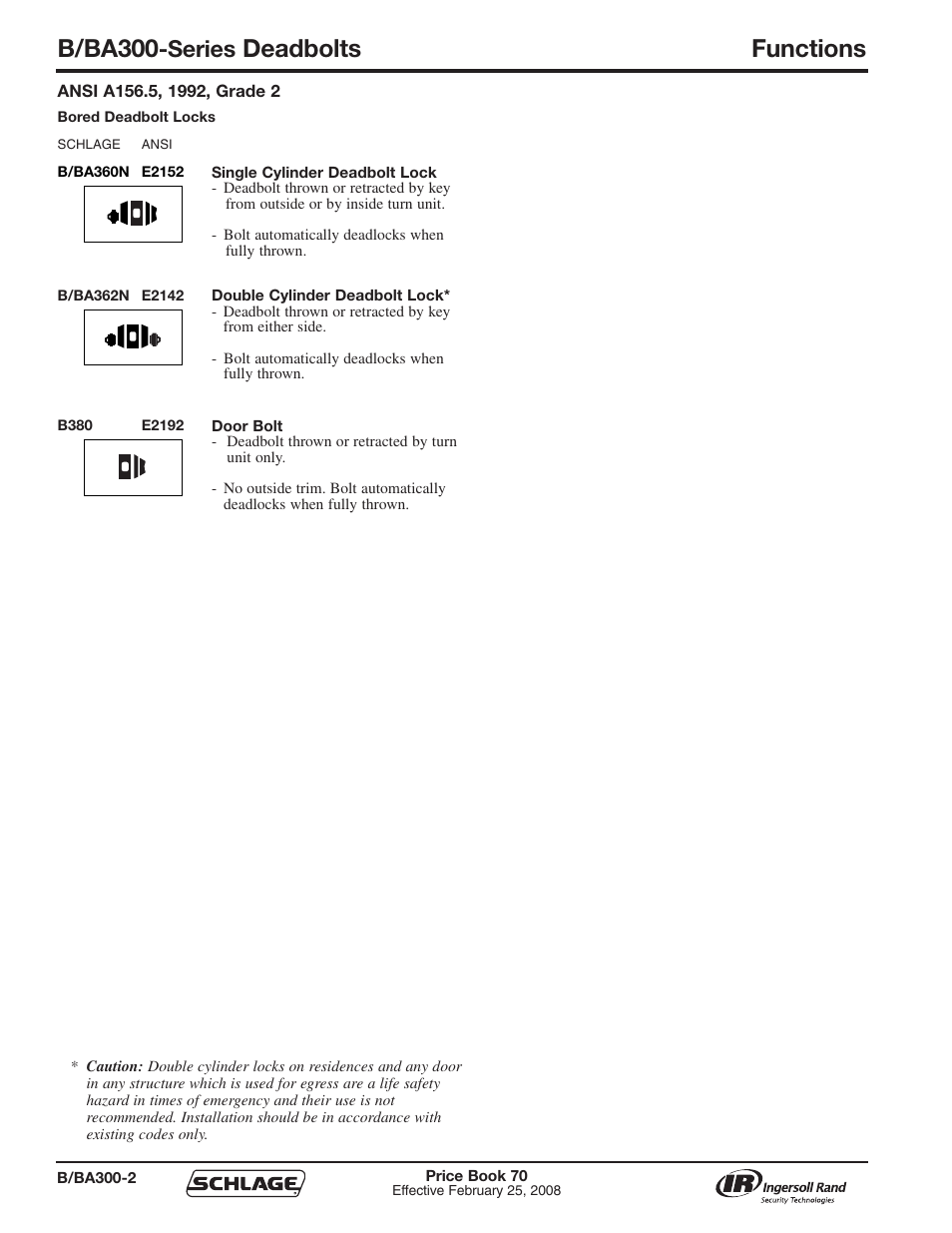 B/ba300, Deadbolts functions, Series | Schlage Price Book 70A User Manual | Page 27 / 108