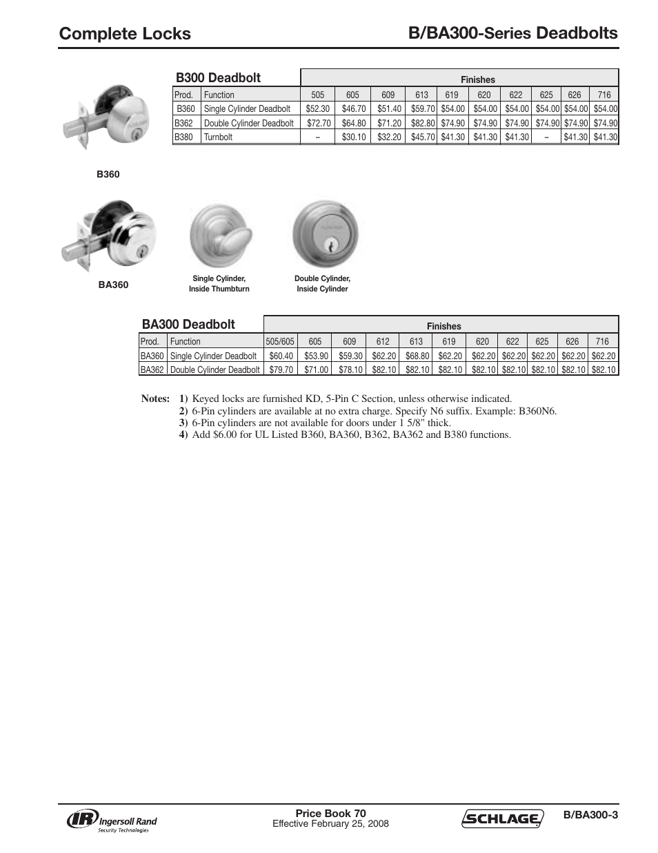 Complete locks b/ba300, Deadbolts, Series | B300 deadbolt, Ba300 deadbolt | Schlage Price Book 70A User Manual | Page 28 / 108