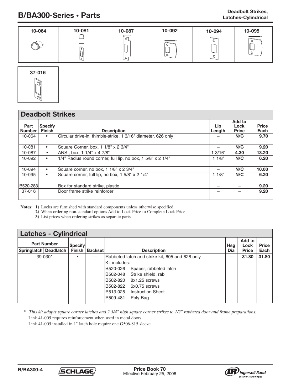 B/ba300, Parts, Series | Deadbolt strikes, Latches - cylindrical | Schlage Price Book 70A User Manual | Page 29 / 108