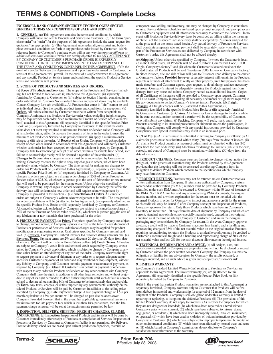 Terms & conditions, Complete locks | Schlage Price Book 70A User Manual | Page 3 / 108