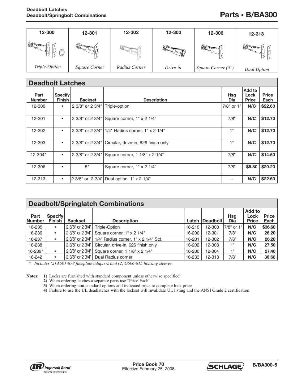 Parts, B/ba300, Deadbolt latches | Deadbolt/springlatch combinations | Schlage Price Book 70A User Manual | Page 30 / 108