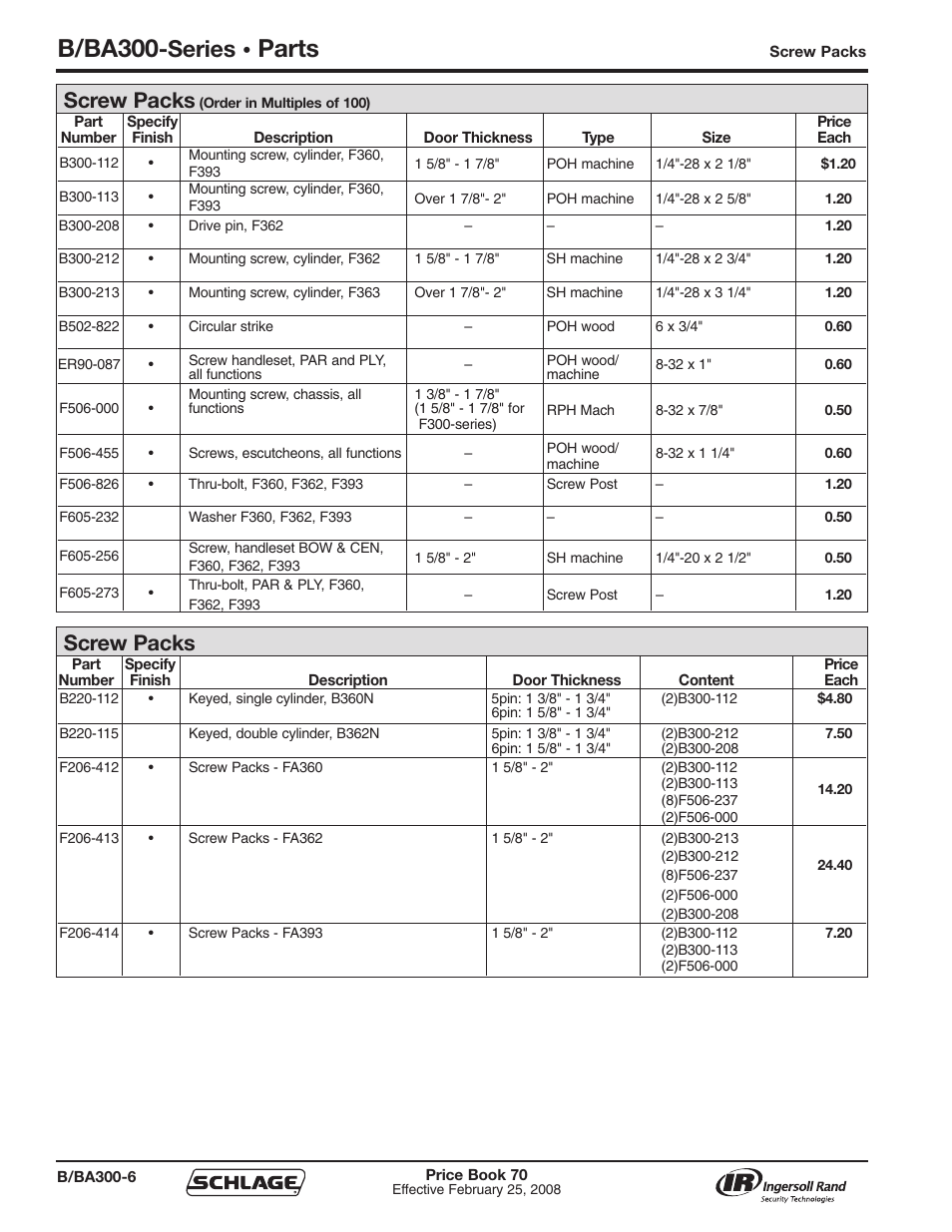 B/ba300, Parts, Series | Screw packs | Schlage Price Book 70A User Manual | Page 31 / 108