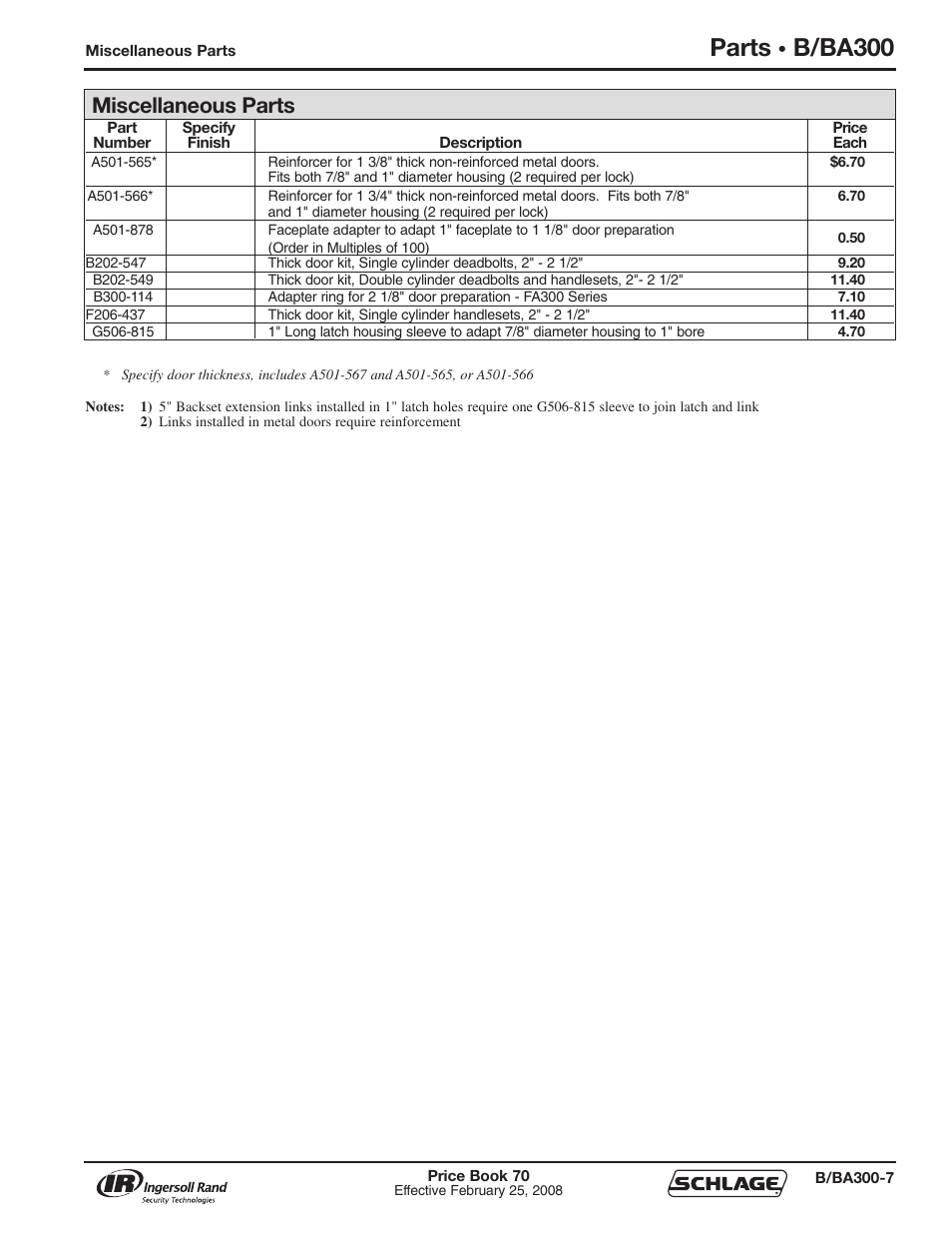 Parts, B/ba300, Miscellaneous parts | Schlage Price Book 70A User Manual | Page 32 / 108