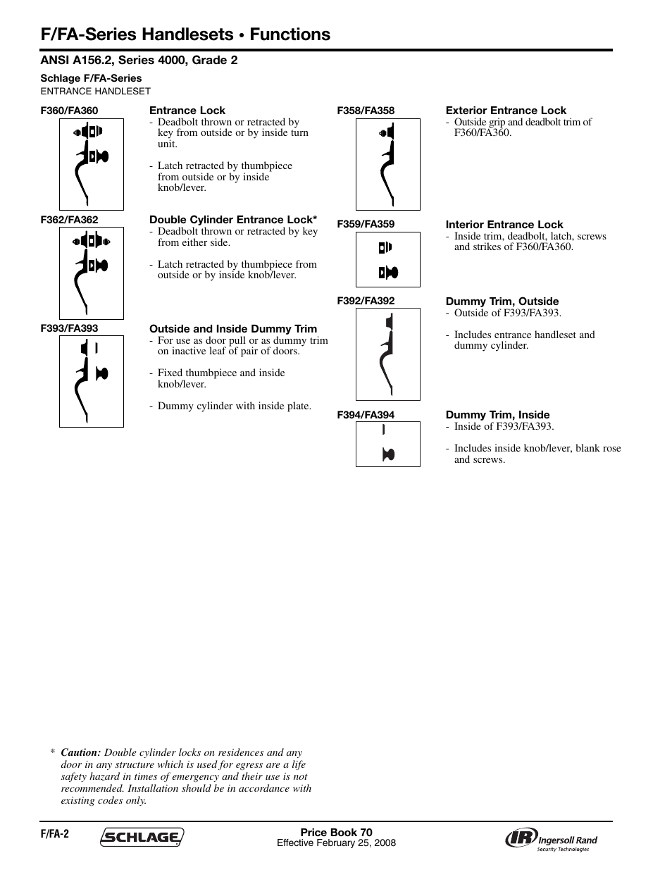 F/fa-series handlesets, Functions | Schlage Price Book 70A User Manual | Page 35 / 108