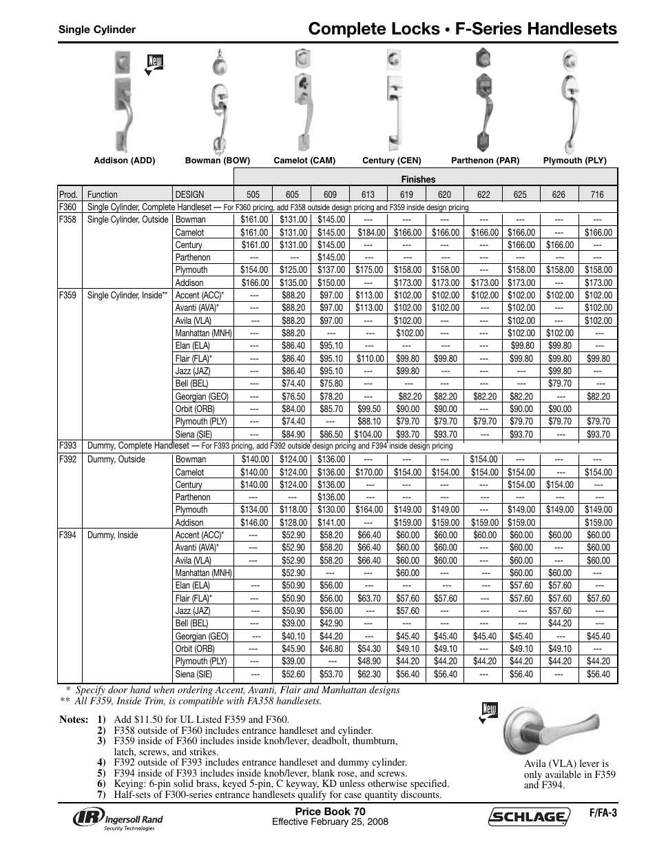 Complete locks, F-series handlesets, F/f a-series | Schlage Price Book 70A User Manual | Page 36 / 108