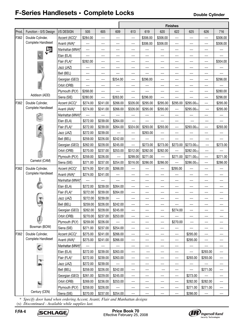 F-series handlesets, Complete locks | Schlage Price Book 70A User Manual | Page 37 / 108