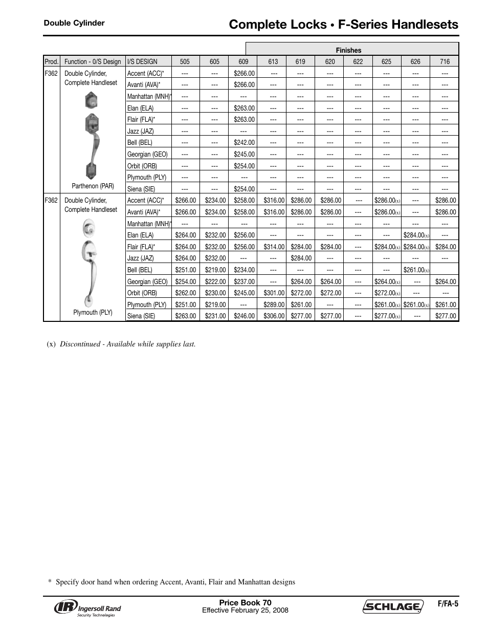 Complete locks, F-series handlesets | Schlage Price Book 70A User Manual | Page 38 / 108