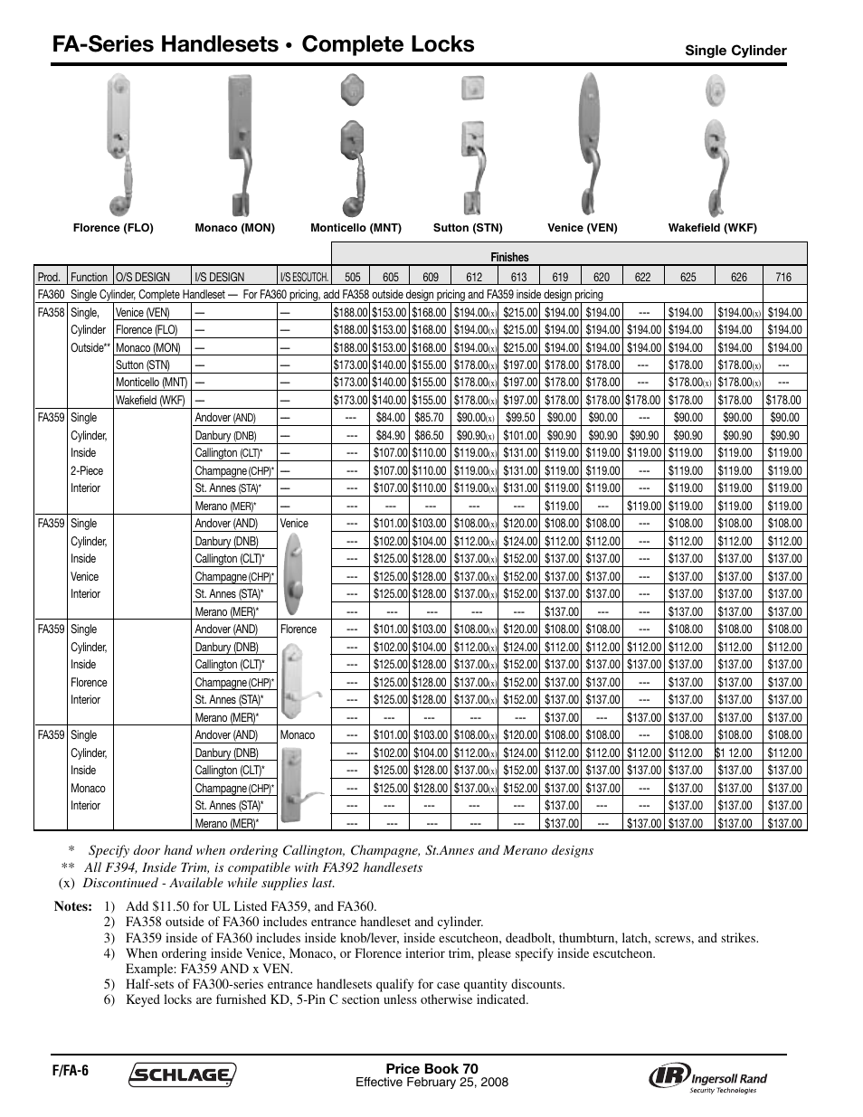 Fa-series handlesets, Complete locks | Schlage Price Book 70A User Manual | Page 39 / 108