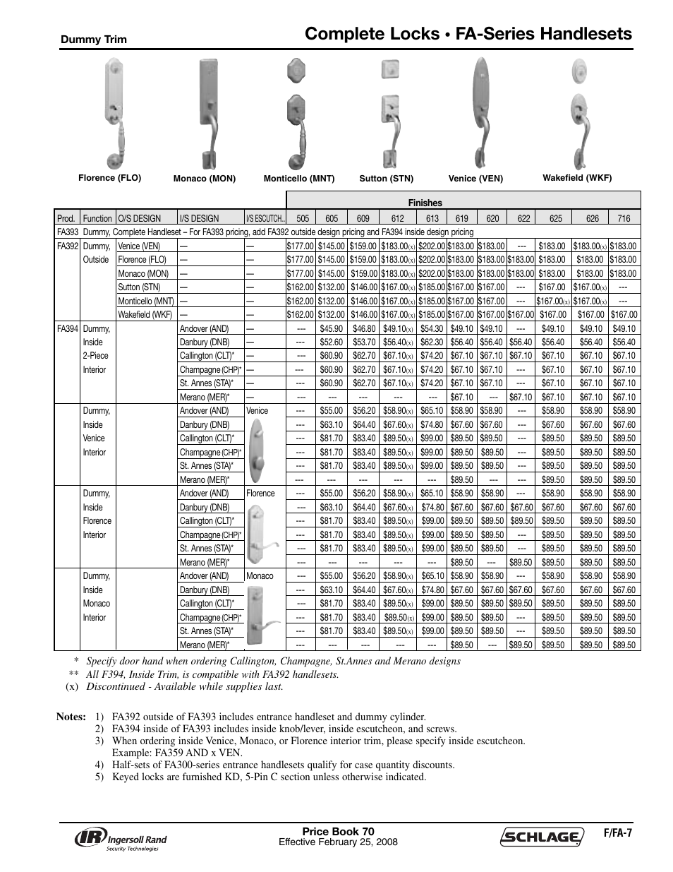 Complete locks, Fa-series handlesets | Schlage Price Book 70A User Manual | Page 40 / 108