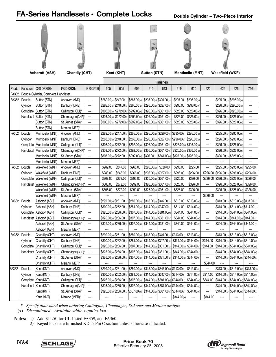 Fa-series handlesets, Complete locks | Schlage Price Book 70A User Manual | Page 41 / 108