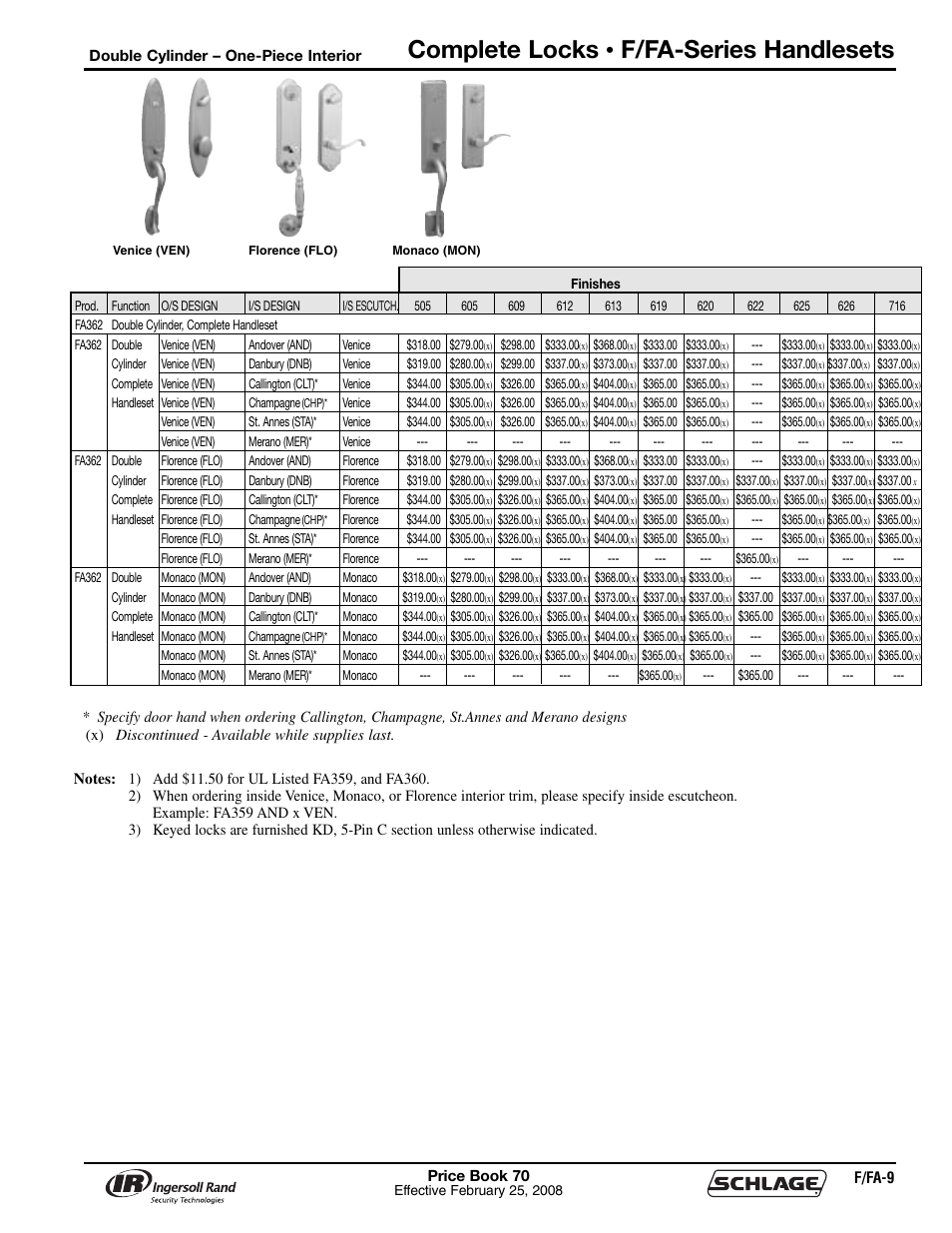 Complete locks, F/fa-series handlesets | Schlage Price Book 70A User Manual | Page 42 / 108