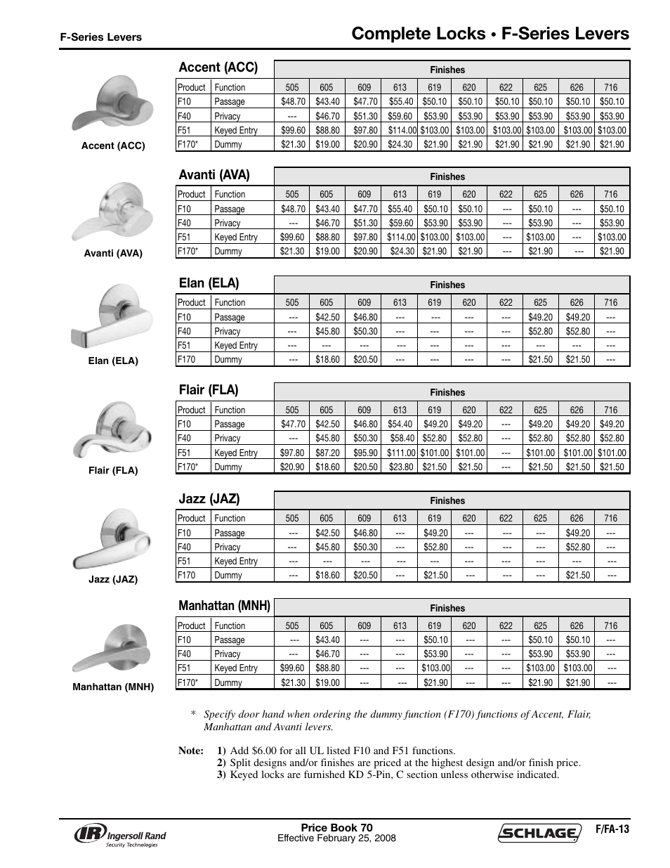 Complete locks, F-series levers, Accent (acc) | Avanti (ava), Elan (ela), Flair (fla), Jazz (jaz), Manhattan (mnh) | Schlage Price Book 70A User Manual | Page 46 / 108