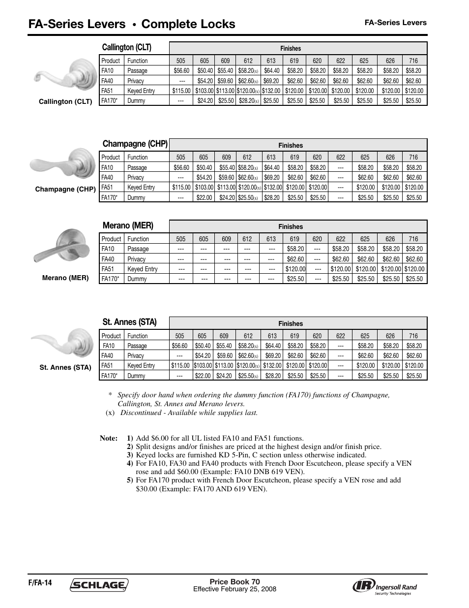 Fa-series levers, Complete locks, Callington (clt) | Champagne (chp), Merano (mer), St. annes (sta) | Schlage Price Book 70A User Manual | Page 47 / 108