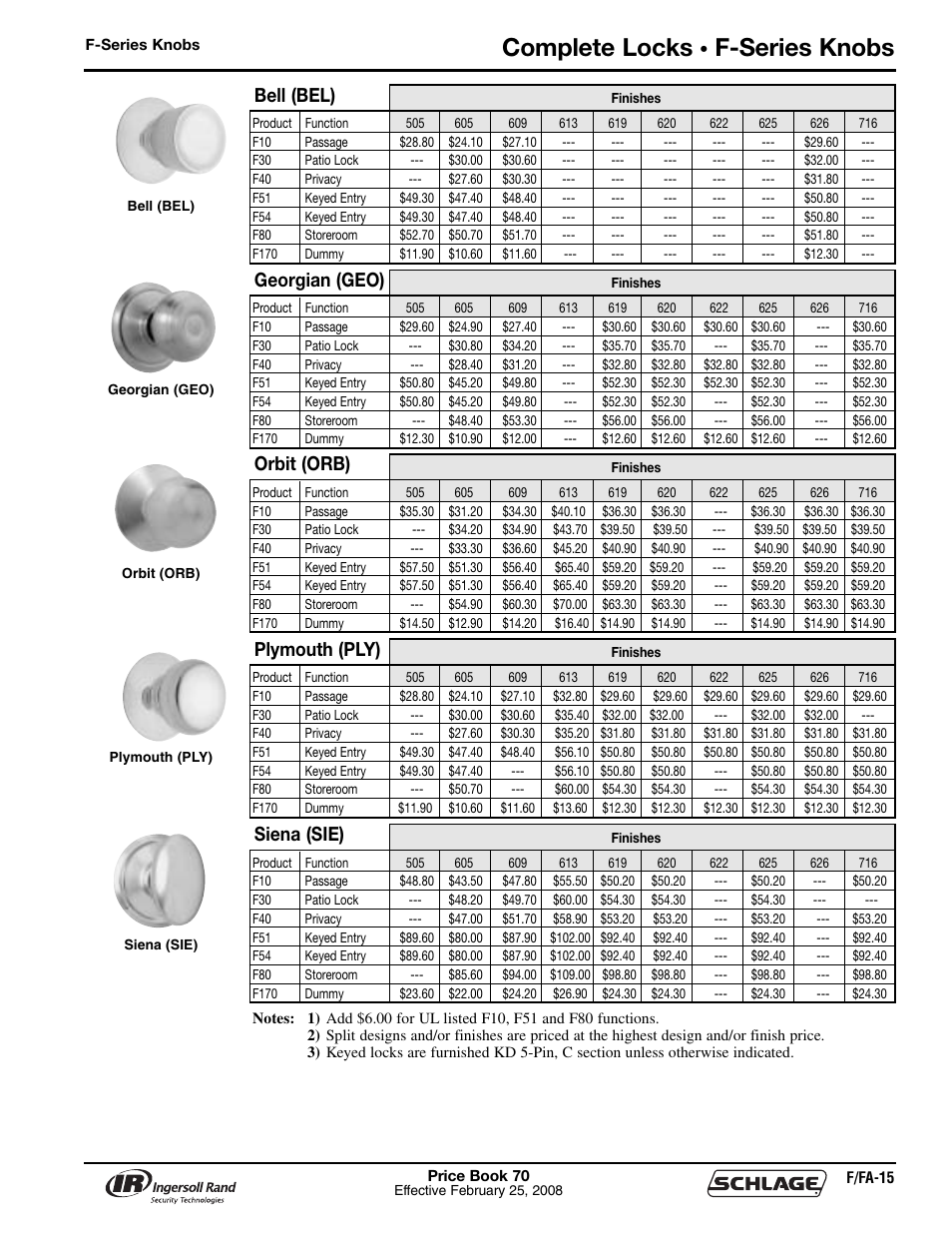 Complete locks, F-series knobs, Bell (bel) | Georgian (geo), Orbit (orb), Plymouth (ply), Siena (sie) | Schlage Price Book 70A User Manual | Page 48 / 108