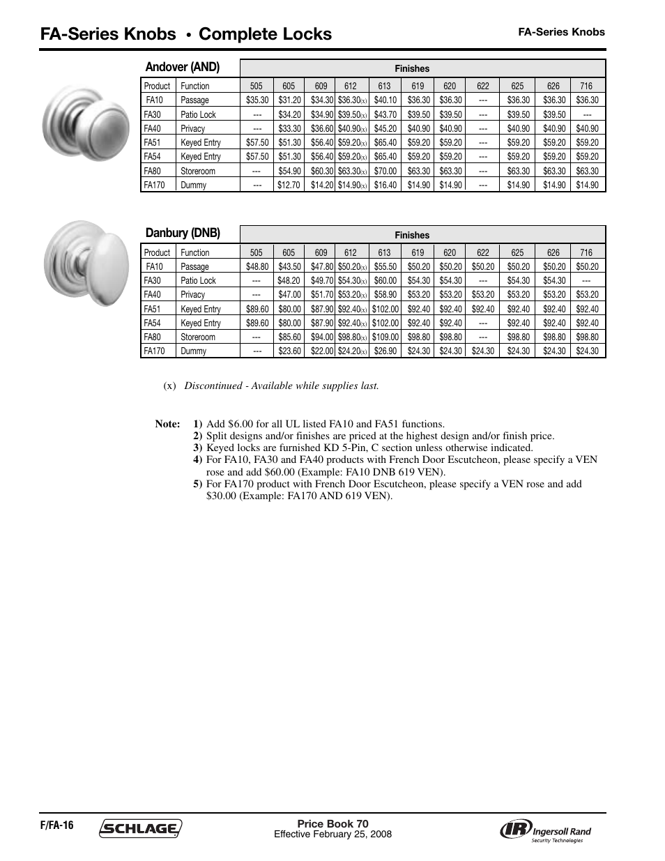 Fa-series knobs, Complete locks, Andover (and) | Danbury (dnb) | Schlage Price Book 70A User Manual | Page 49 / 108