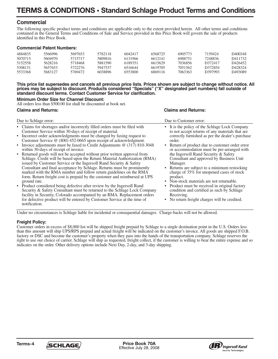 Terms & conditions, Standard schlage product terms and conditions | Schlage Price Book 70A User Manual | Page 5 / 108