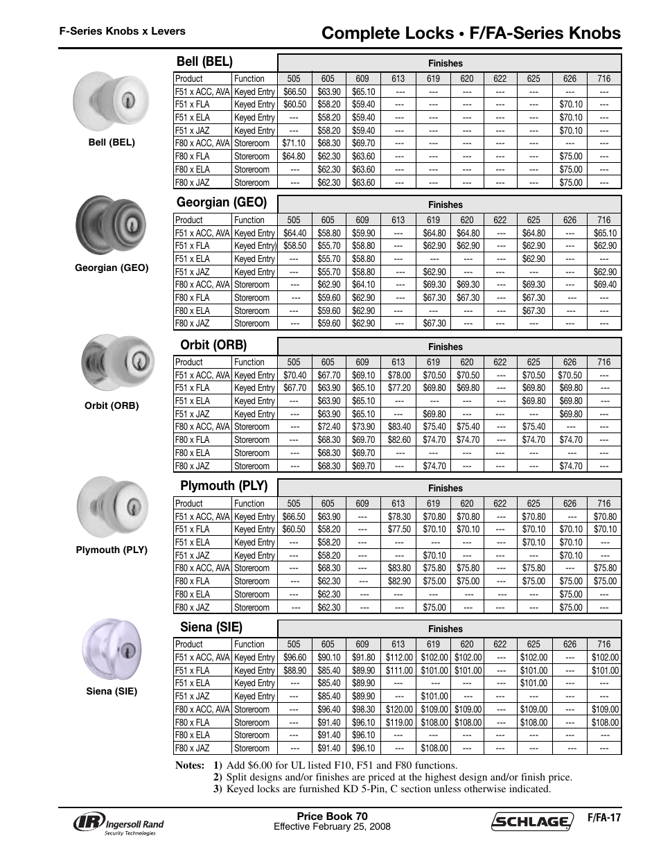Complete locks, F/fa-series knobs, Bell (bel) | Georgian (geo), Orbit (orb), Plymouth (ply), Siena (sie) | Schlage Price Book 70A User Manual | Page 50 / 108