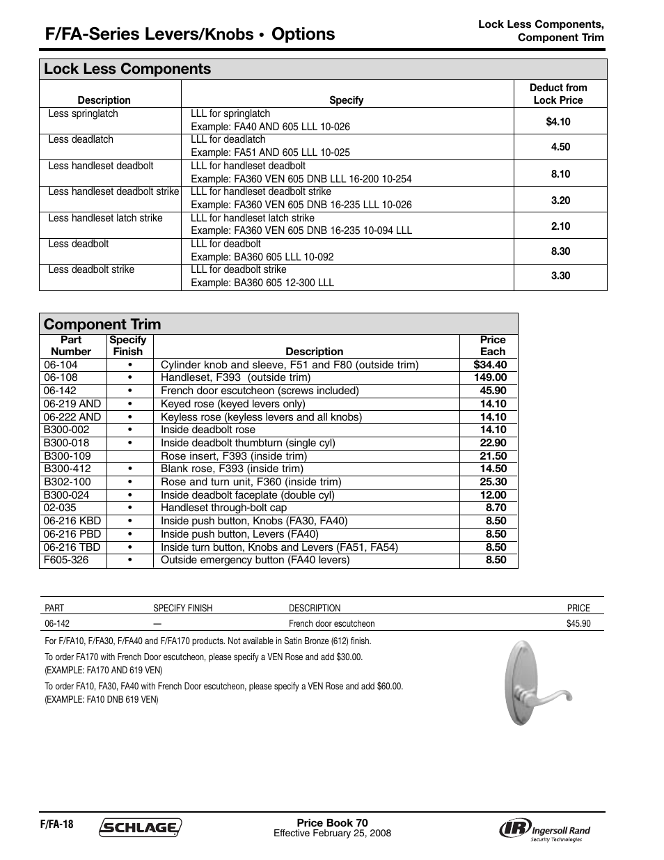 F/fa-series levers, Options, Knobs | Lock less components, Component trim | Schlage Price Book 70A User Manual | Page 51 / 108