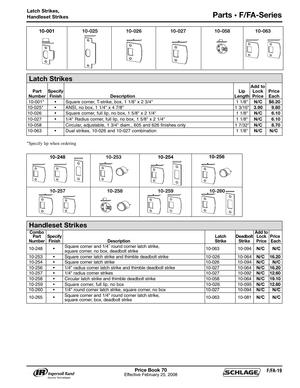 Parts, F/fa-series, Latch strikes | Handleset strikes | Schlage Price Book 70A User Manual | Page 52 / 108