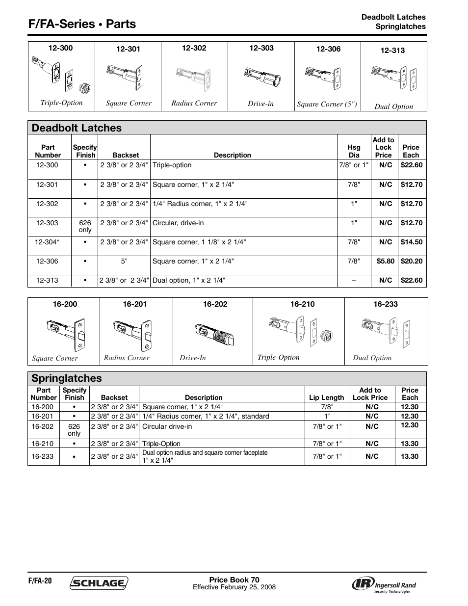 F/fa-series, Parts, Deadbolt latches | Springlatches | Schlage Price Book 70A User Manual | Page 53 / 108