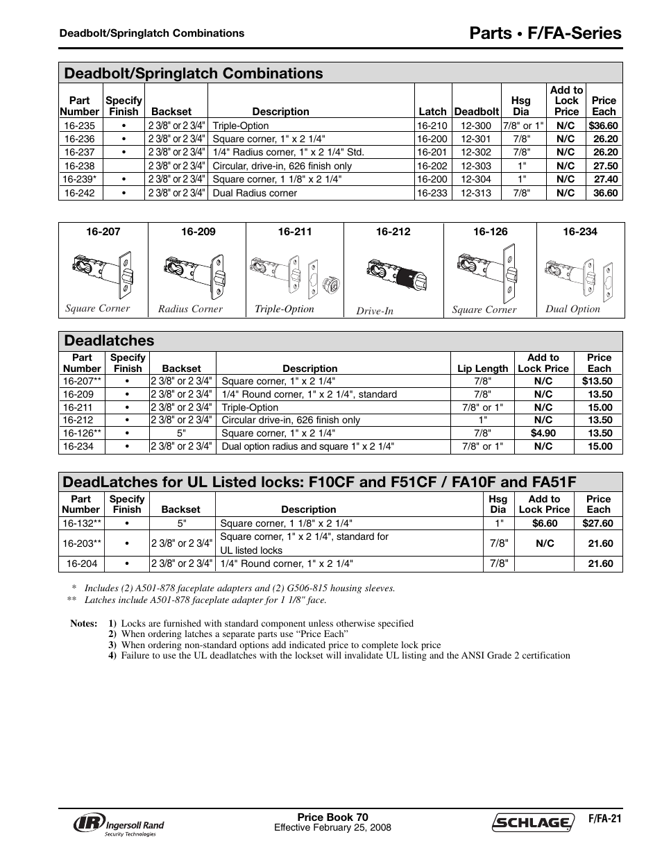 Parts, F/fa-series, Deadbolt/springlatch combinations | Deadlatches | Schlage Price Book 70A User Manual | Page 54 / 108