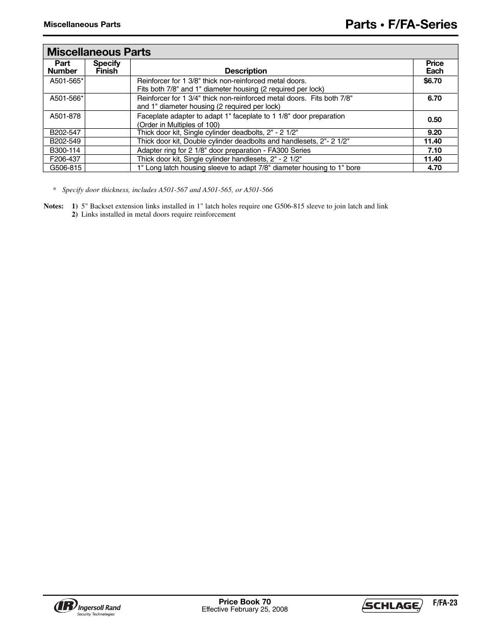 Parts, F/fa-series, Miscellaneous parts | Schlage Price Book 70A User Manual | Page 56 / 108