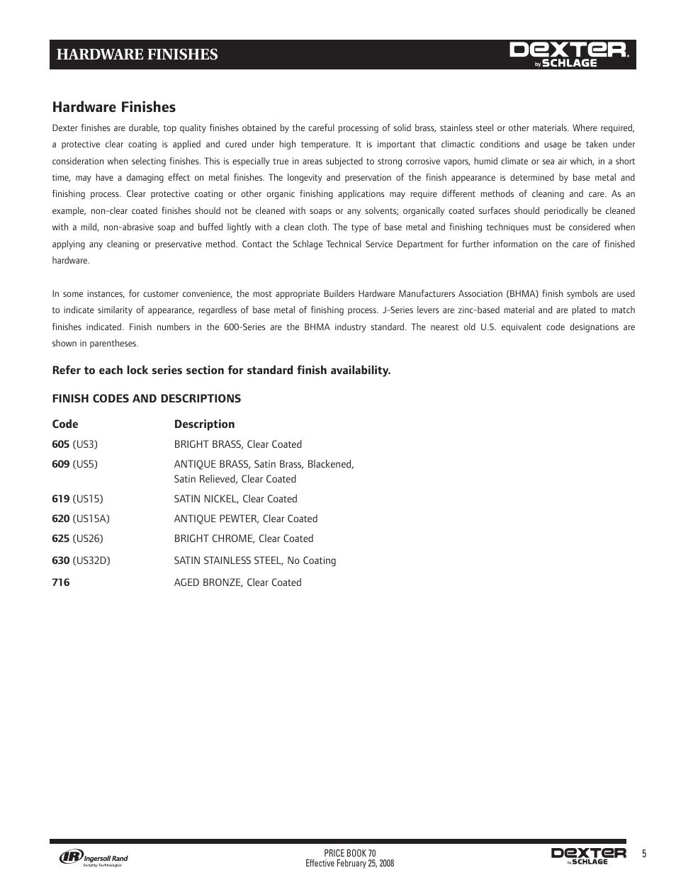Hardware finishes hardware finishes | Schlage Price Book 70A User Manual | Page 60 / 108