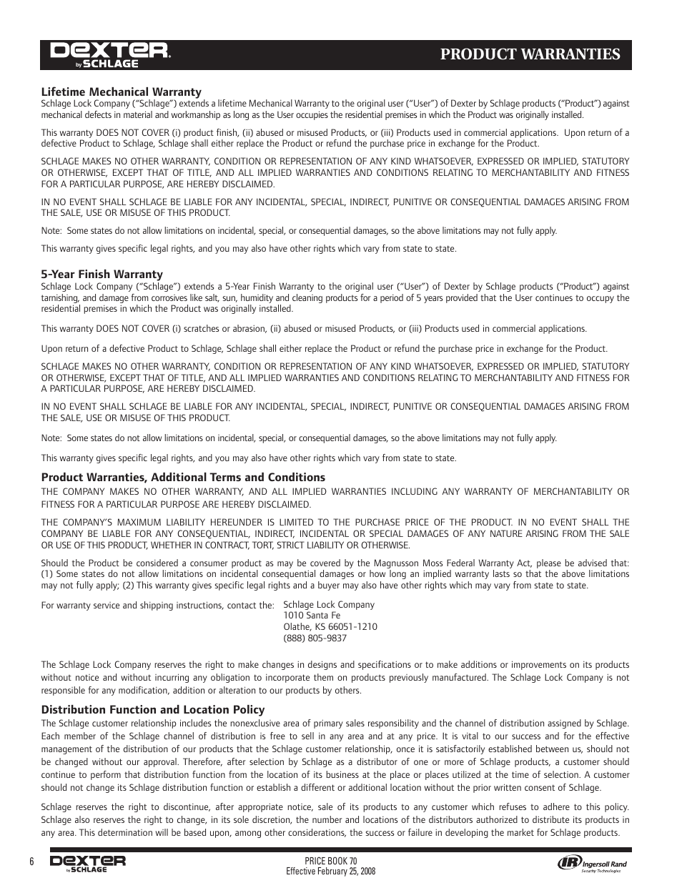 Product warranties | Schlage Price Book 70A User Manual | Page 61 / 108