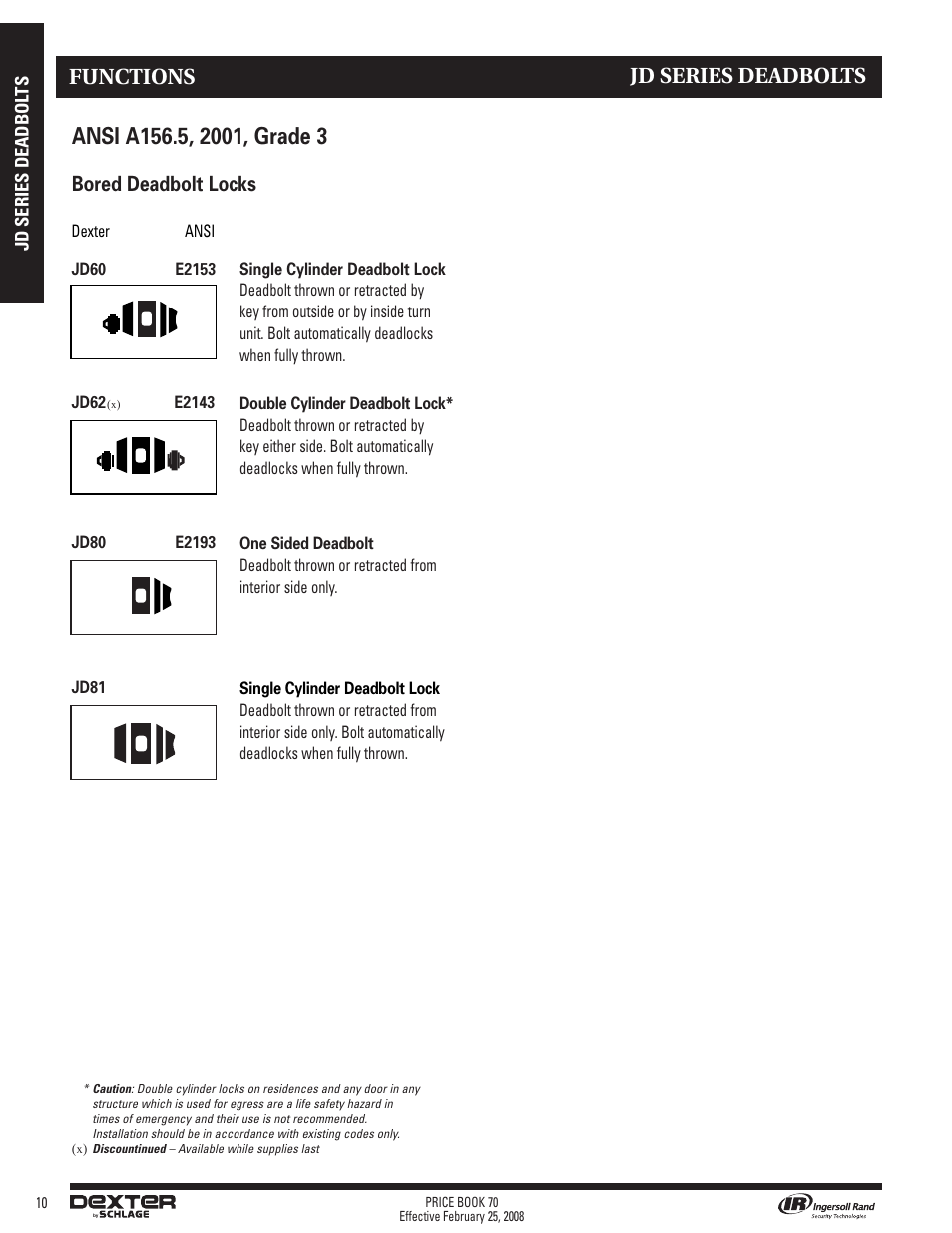 Jd series deadbolts, Functions, Bored deadbolt locks | Schlage Price Book 70A User Manual | Page 65 / 108