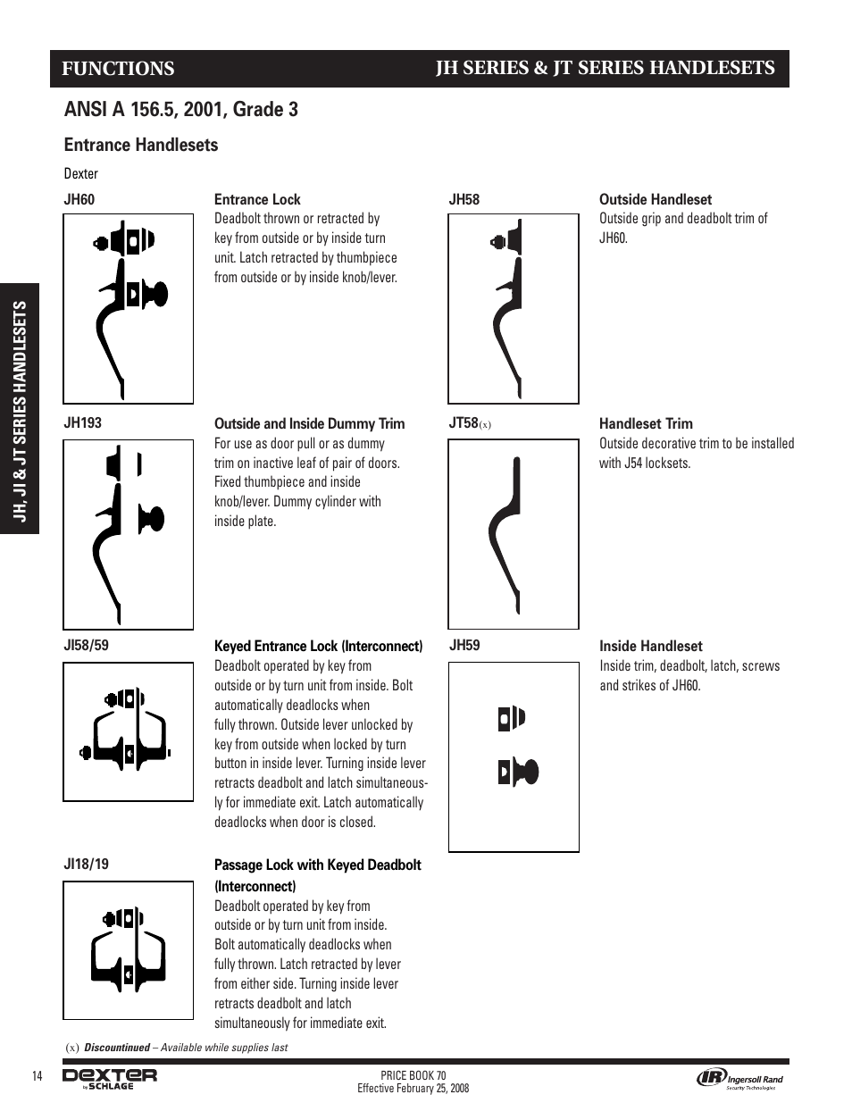 Jh series & jt series handlesets, Functions, Entrance handlesets | Schlage Price Book 70A User Manual | Page 69 / 108