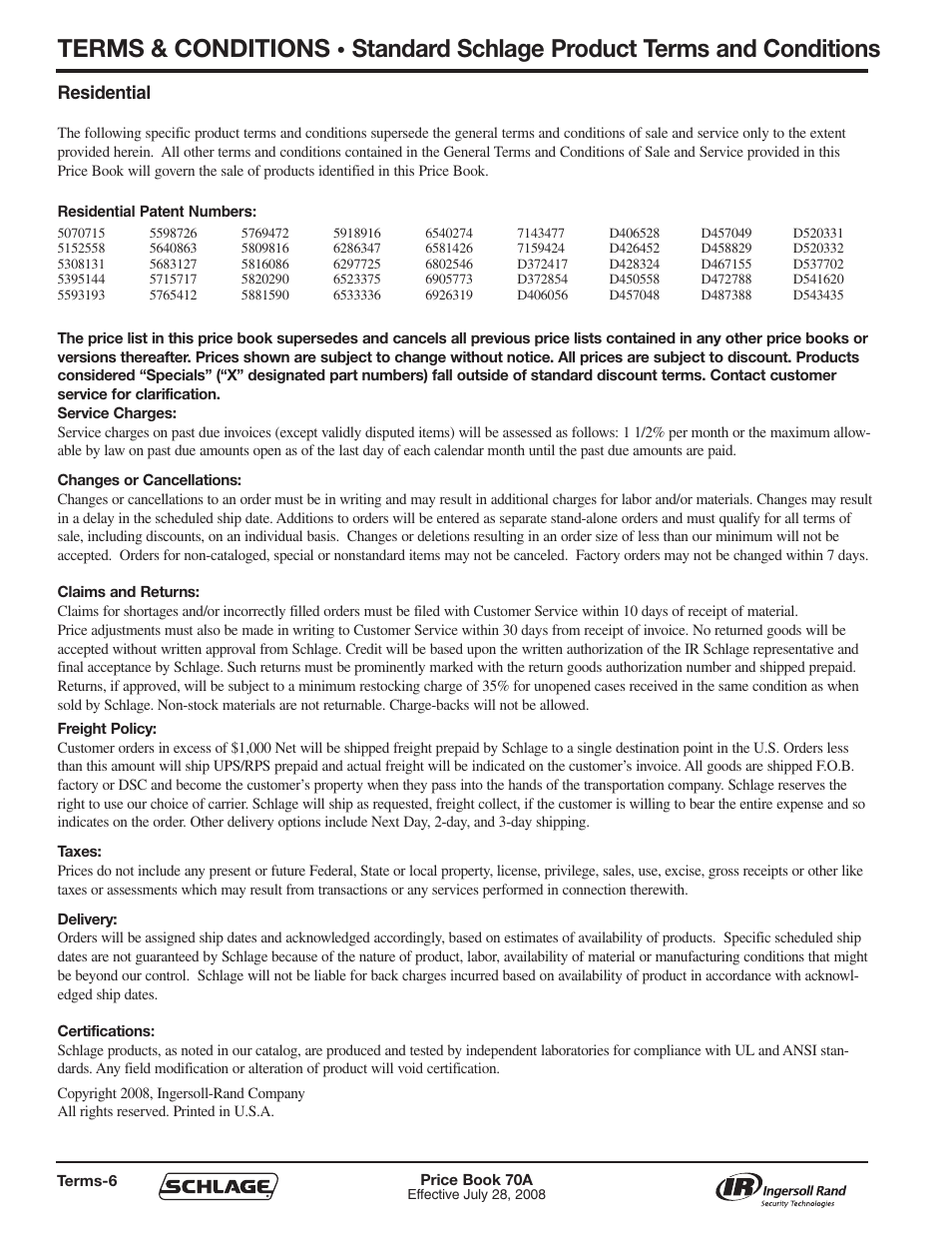 Terms & conditions, Standard schlage product terms and conditions | Schlage Price Book 70A User Manual | Page 7 / 108