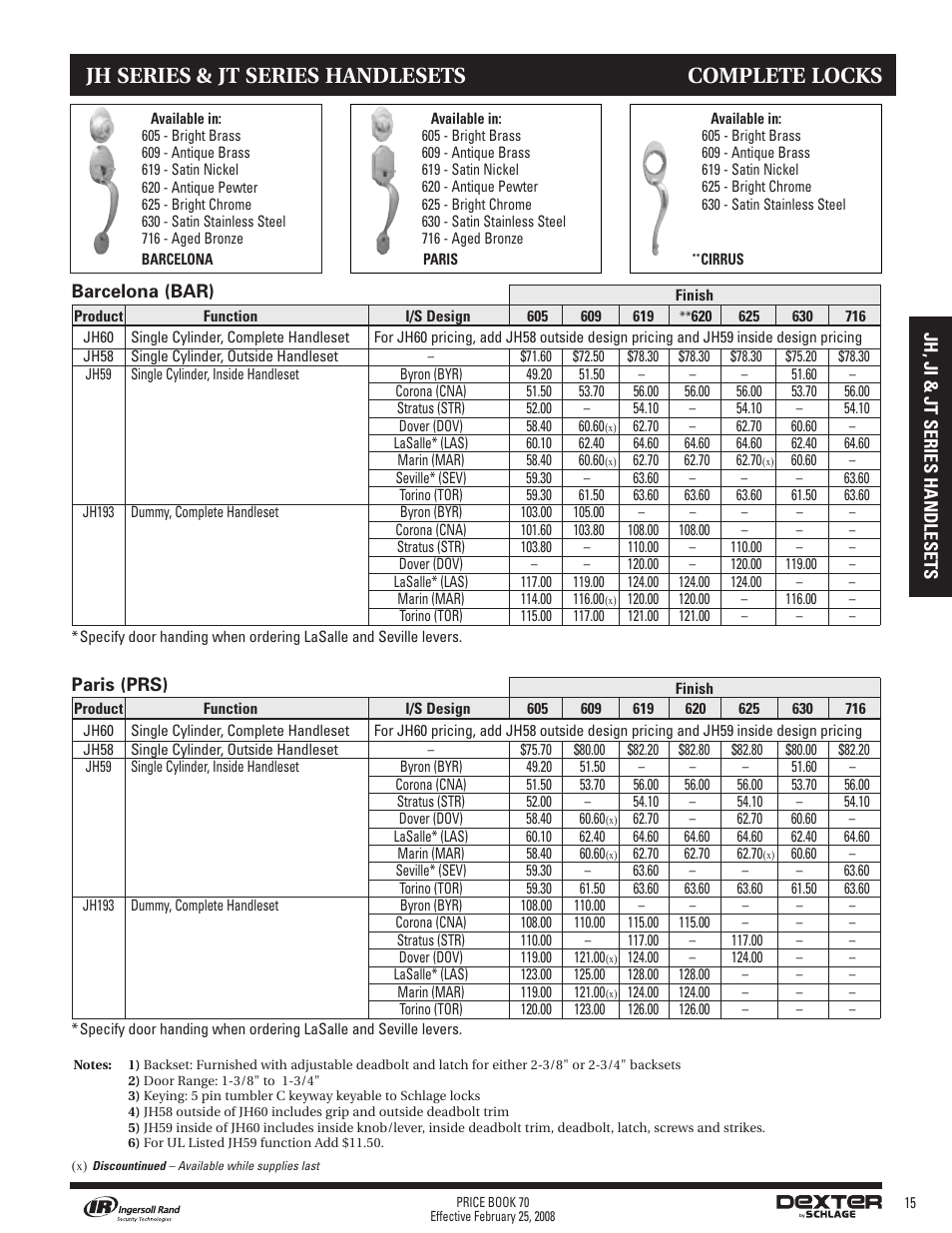 Jh series & jt series handlesets complete locks | Schlage Price Book 70A User Manual | Page 70 / 108