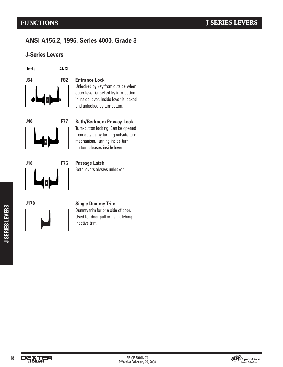 J series levers, Functions, J-series levers | Schlage Price Book 70A User Manual | Page 73 / 108