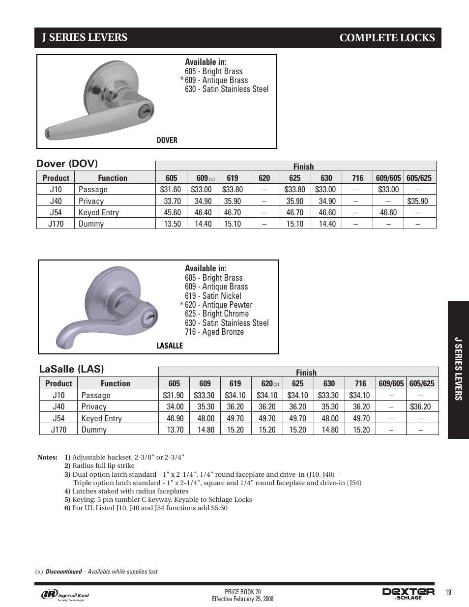J series levers, Complete locks, Dover (dov) | Lasalle (las) | Schlage Price Book 70A User Manual | Page 74 / 108