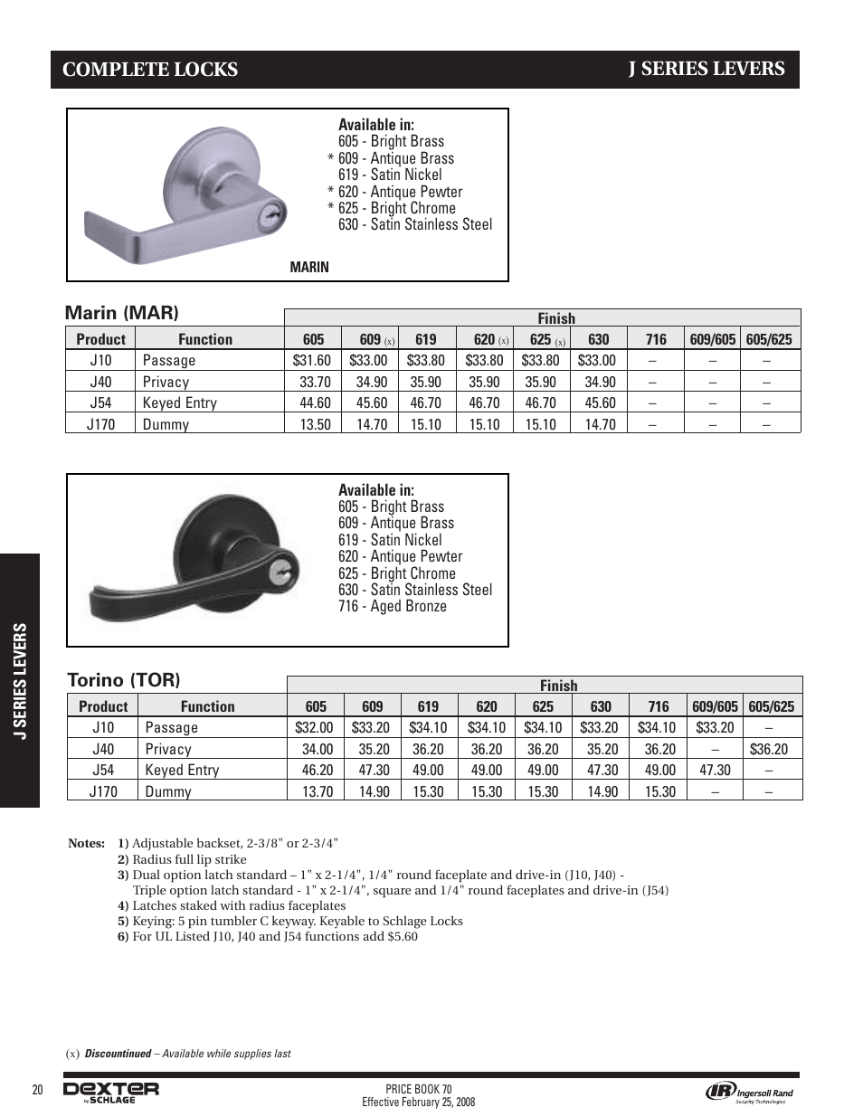 J series levers, Complete locks, Marin (mar) | Torino (tor) | Schlage Price Book 70A User Manual | Page 75 / 108