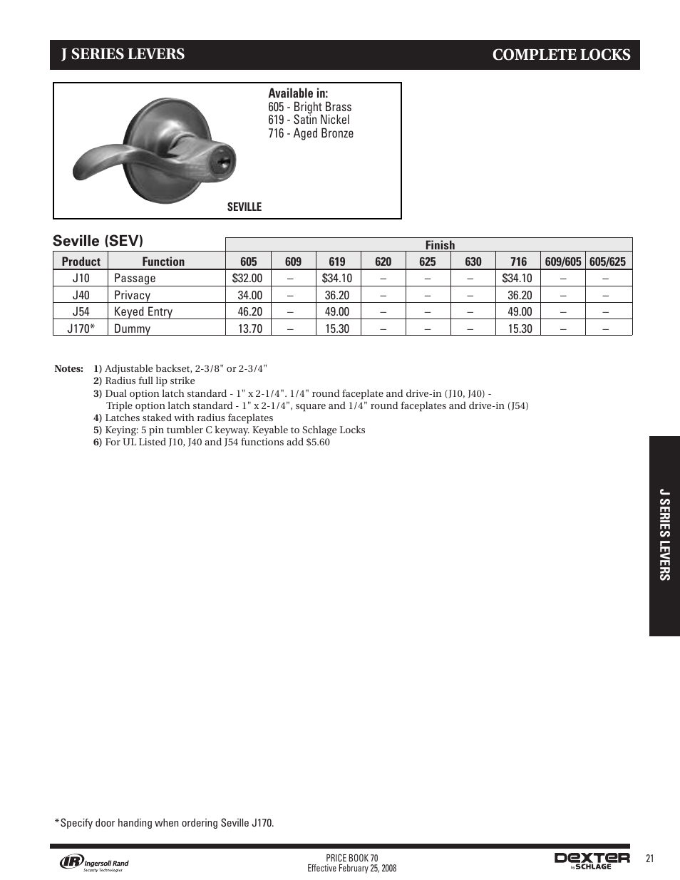 J series levers, Complete locks seville (sev) | Schlage Price Book 70A User Manual | Page 76 / 108
