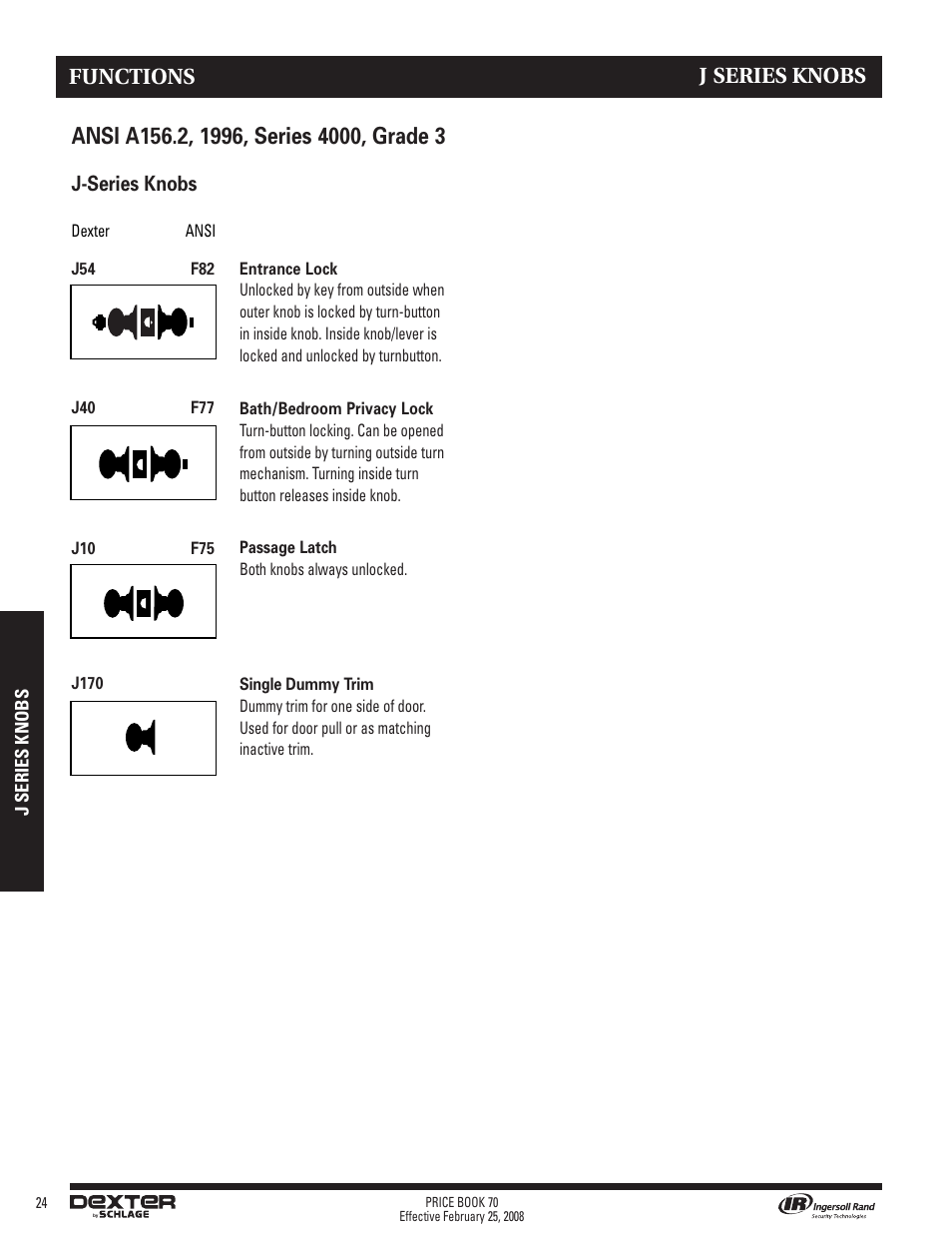 J series knobs, Functions, J-series knobs | Schlage Price Book 70A User Manual | Page 79 / 108