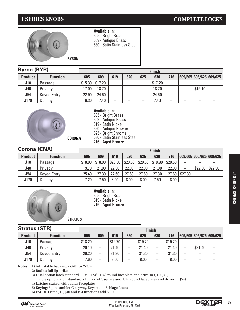 J series knobs, Complete locks, Byron (byr) | Corona (cna), Stratus (str) | Schlage Price Book 70A User Manual | Page 80 / 108