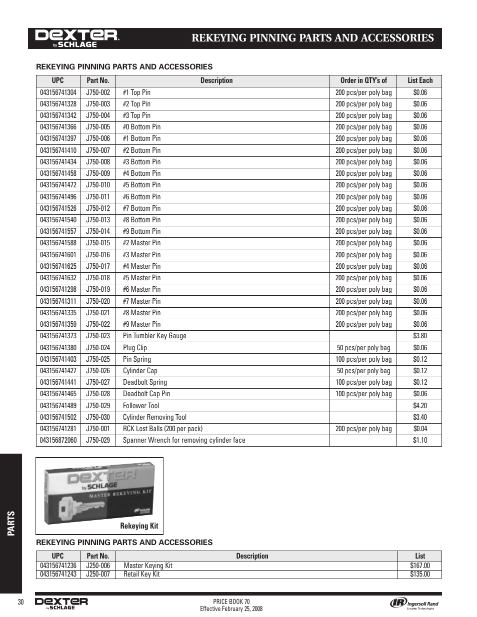 Rekeying pinning parts and accessories | Schlage Price Book 70A User Manual | Page 85 / 108