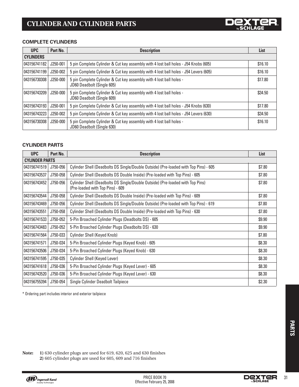 Cylinder and cylinder parts | Schlage Price Book 70A User Manual | Page 86 / 108