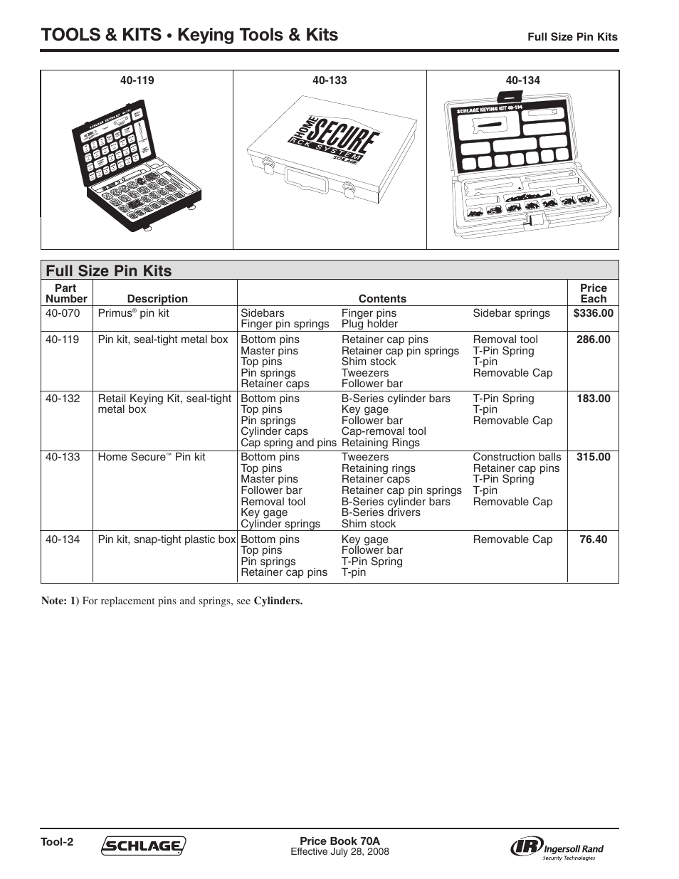 Tools & kits, Keying tools & kits, Full size pin kits | Schlage Price Book 70A User Manual | Page 91 / 108