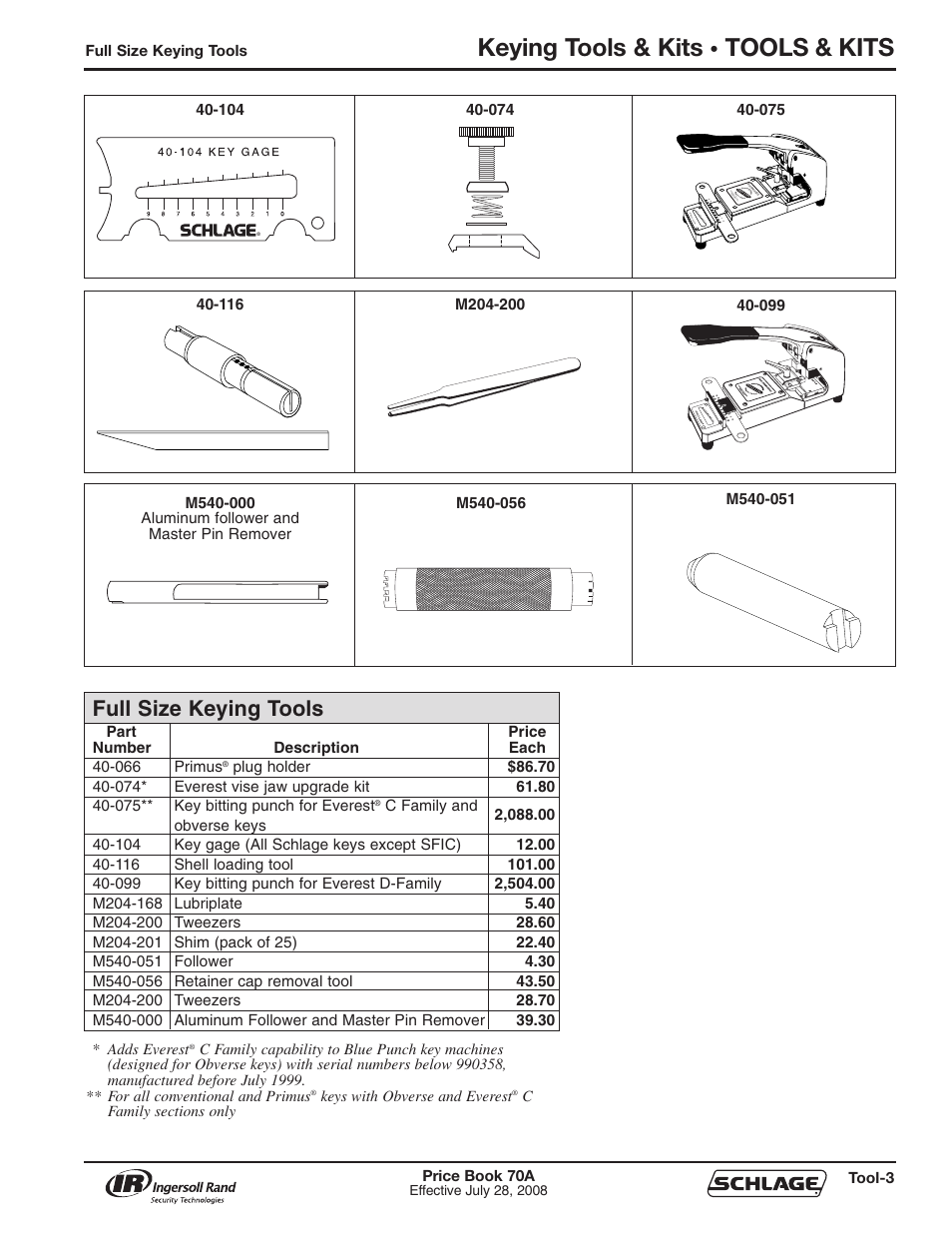 Keying tools & kits, Tools & kits, Full size keying tools | Schlage Price Book 70A User Manual | Page 92 / 108