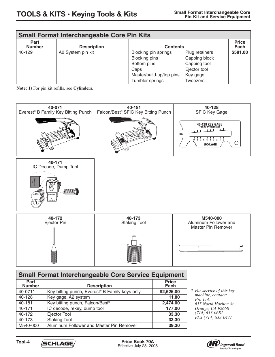 Tools & kits, Keying tools & kits, Small format interchangeable core pin kits | Schlage Price Book 70A User Manual | Page 93 / 108