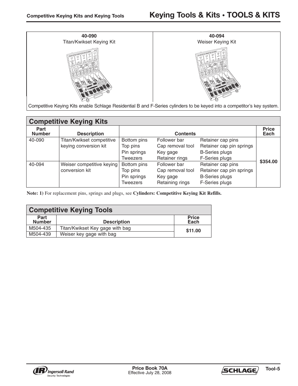 Keying tools & kits, Tools & kits, Competitive keying kits | Competitive keying tools | Schlage Price Book 70A User Manual | Page 94 / 108