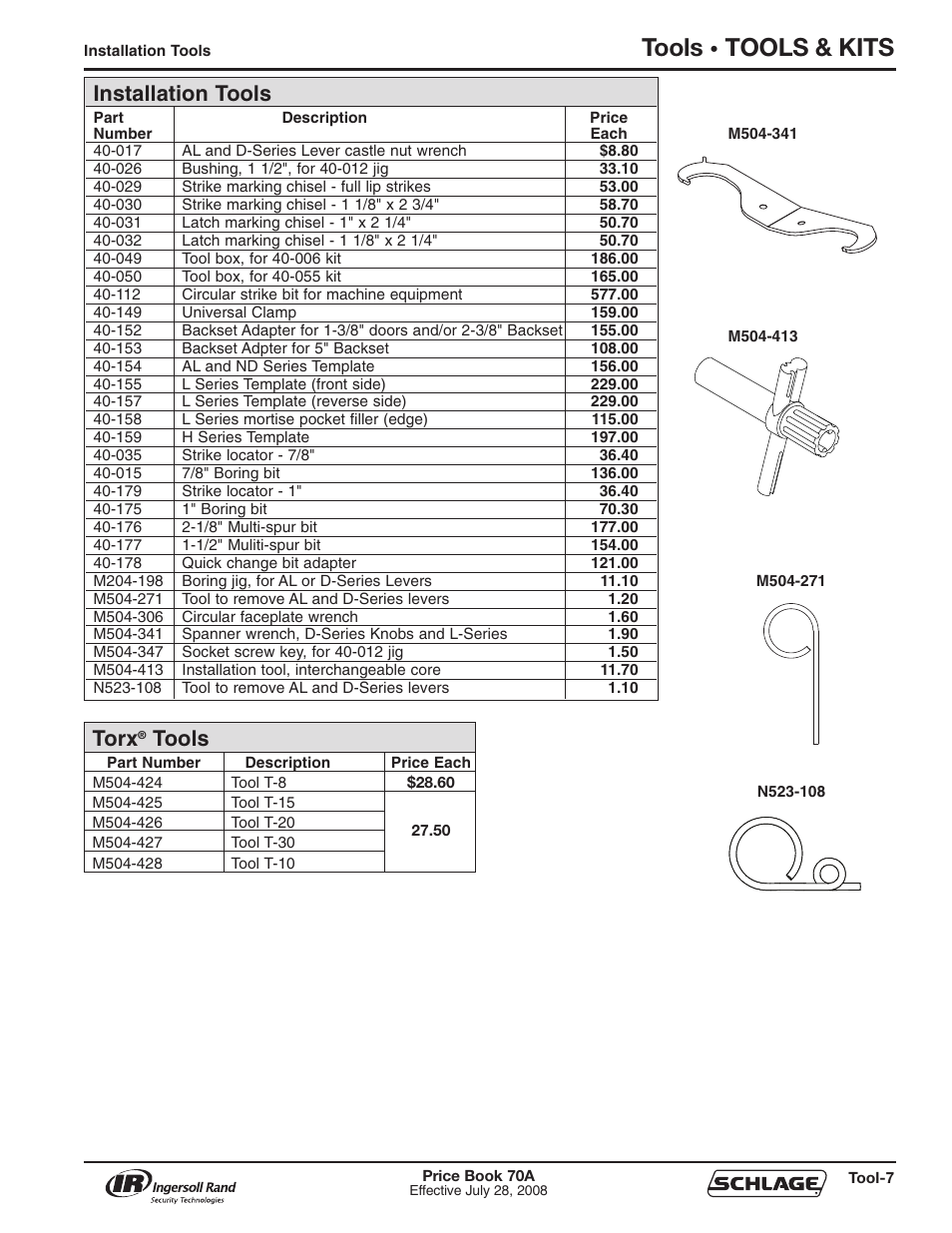 Tools, Tools & kits, Installation tools | Torx | Schlage Price Book 70A User Manual | Page 96 / 108
