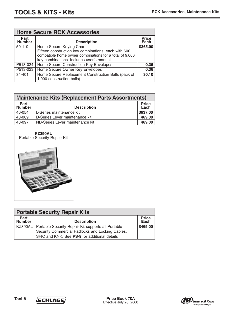 Tools & kits, Kits, Home secure rck accessories | Maintenance kits (replacement parts assortments), Portable security repair kits | Schlage Price Book 70A User Manual | Page 97 / 108
