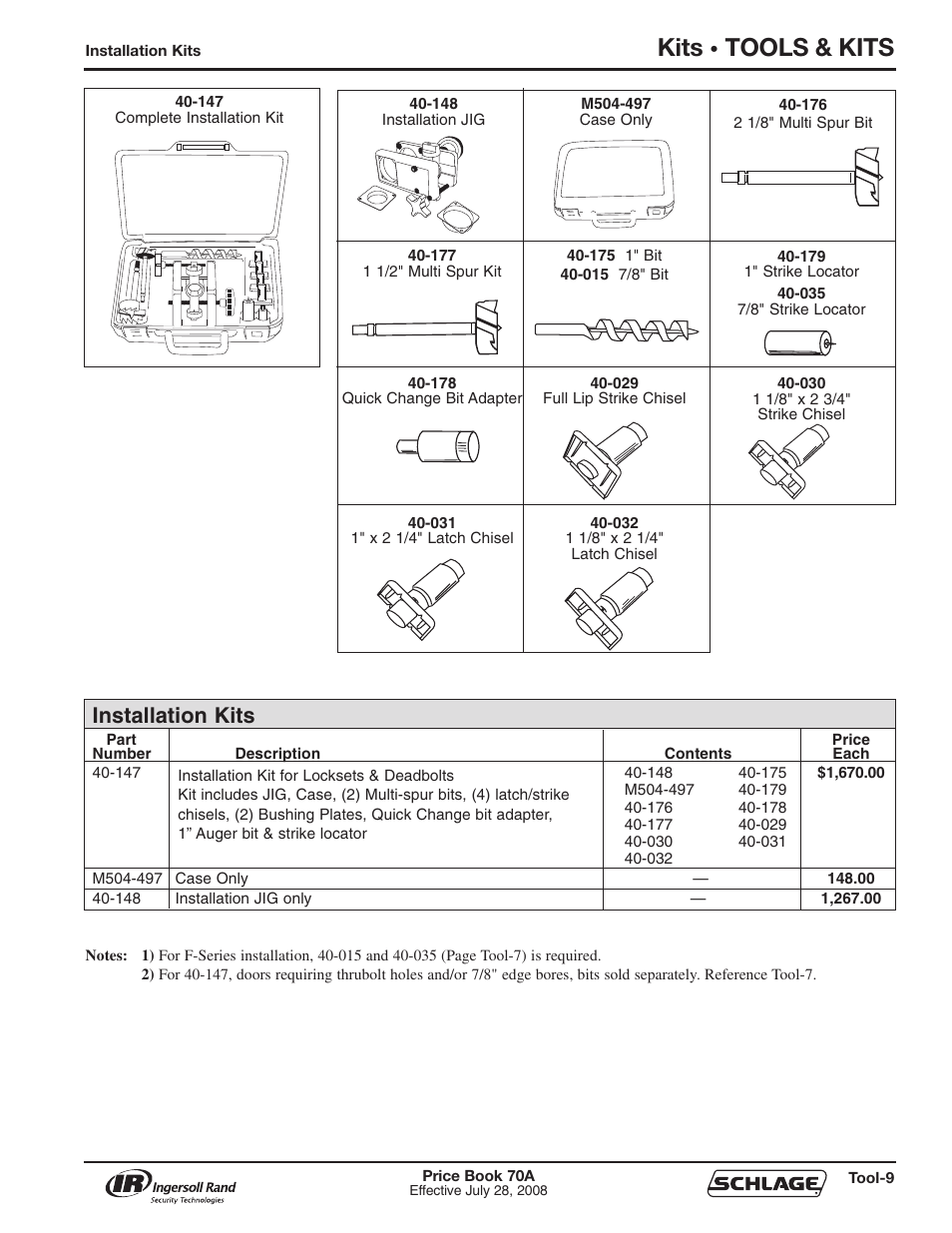Kits, Tools & kits, Installation kits | Schlage Price Book 70A User Manual | Page 98 / 108