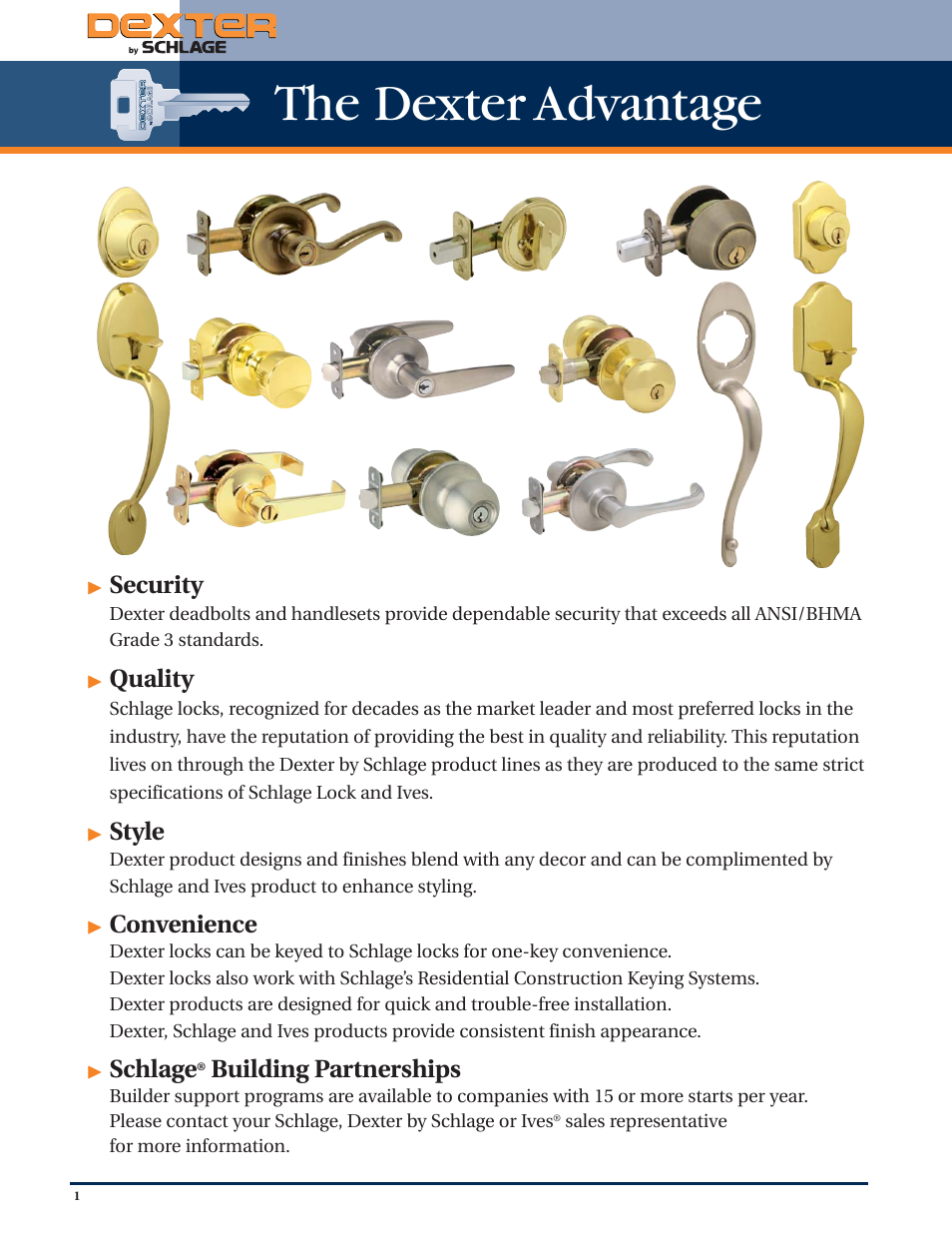 The dexter advantage, Security, Quality | Style, Convenience, Schlage, Building partnerships | Schlage Dexter Residential Lock User Manual | Page 2 / 12