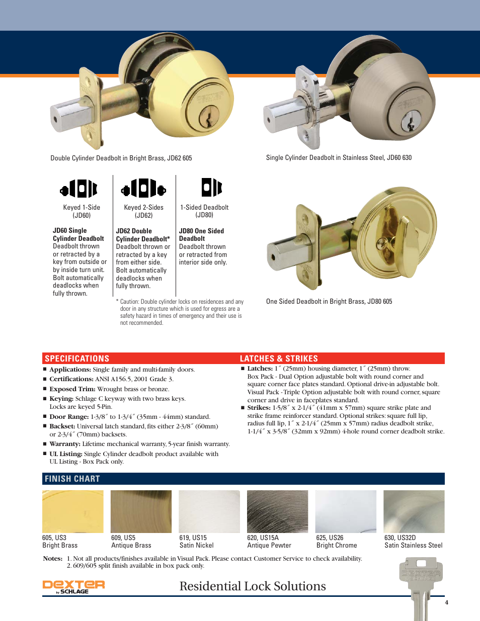 Residential lock solutions, Specifications latches & strikes, Finish chart | Schlage Dexter Residential Lock User Manual | Page 5 / 12
